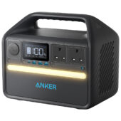Angled view of the black Anker A1751211 Power House 535 Portable Power Station with light on.