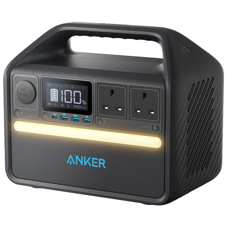 Angled view of the black Anker A1751211 Power House 535 Portable Power Station with light on.