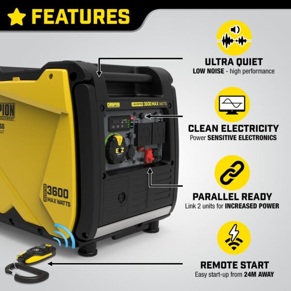Key features are: Ultra quiet, high performance, clean electricity to power sensitive electronics., link two units for increased power, and remote start from up to 24m away.