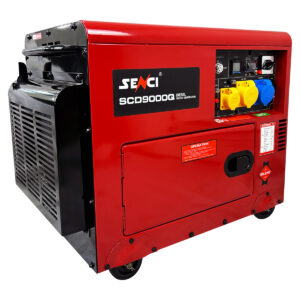 Red and black Senci SCD9000Q Canopied Diesel Generator showing panel.