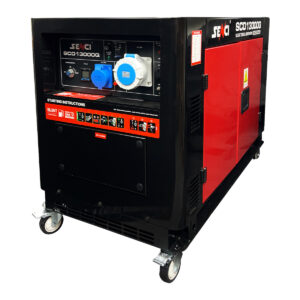 Red and black Senci SCD13000Q Canopied Diesel Generator with panel view.