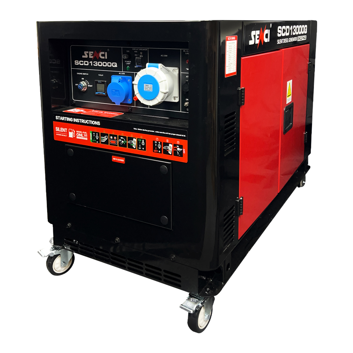 Red and black Senci SCD13000Q Canopied Diesel Generator with panel view.