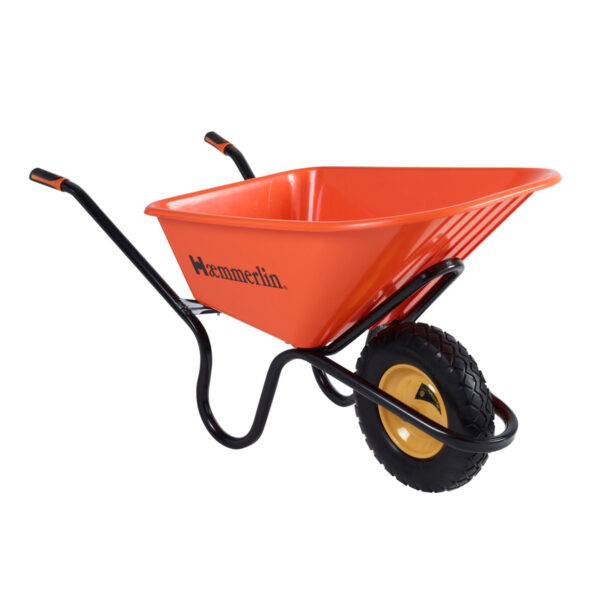 Front view of the red Haemmerlin crusader wheelbarrow 120 litre​