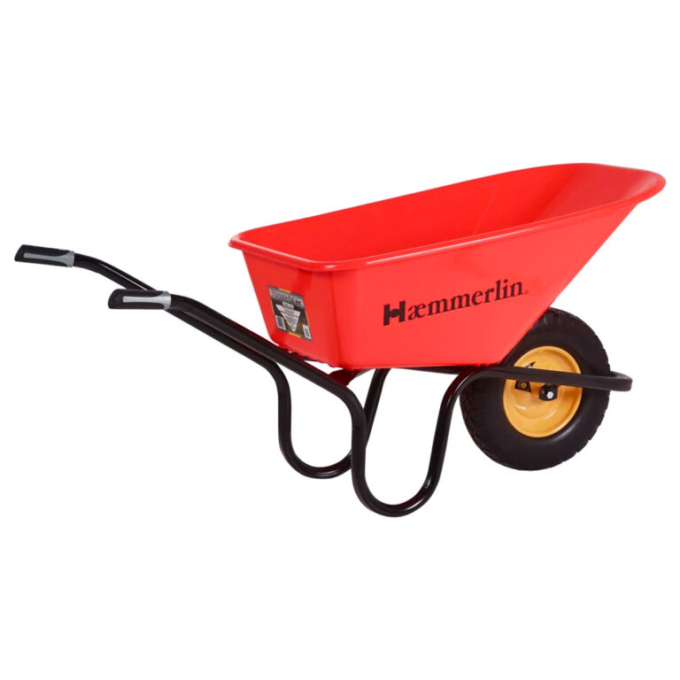 Haemmerlin-crusader-120-litre-capacity-heavy-duty-wheelbarrow-puncture-proof-wheel-in-use-side-angle
