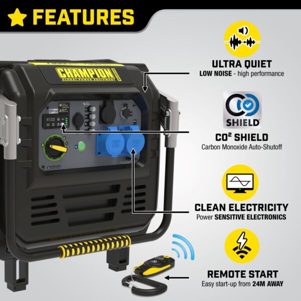 Key features are: Ultra quiet, high performance, carbon monoxide shield for auto shut-off, clean electricity to power sensitive electronics, and remote start from up to 24m away.