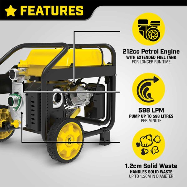 Key features include a 233cc petrol engine with extended fuel tank for longer run time, pumps up to 1000 litres per minute, and handles solid waste up to 1.9cm in diameter.