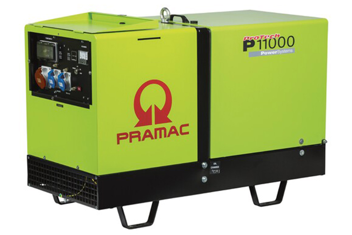 Side view of green Pramac P11000 Generator.