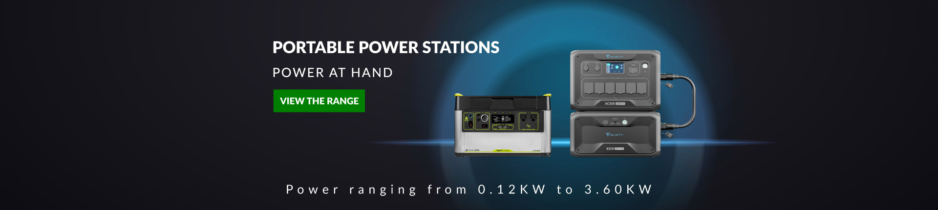 Range of portable power stations with power options from 0.12kW to 3.60kW, highlighting compact designs and versatile functionality.