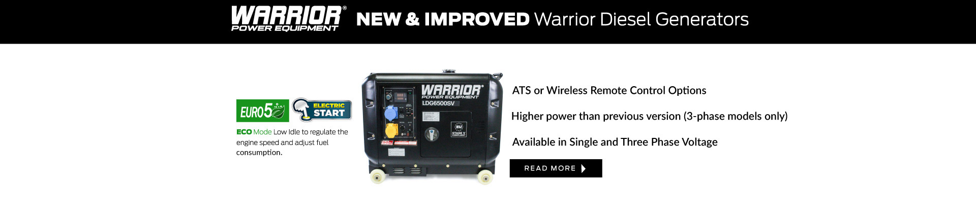 New and improved Warrior diesel generator with ATS and wireless remote control, featuring eco mode, electric start, and single or three-phase options.