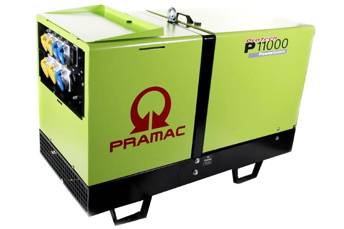 Front view of green pramac generator.
