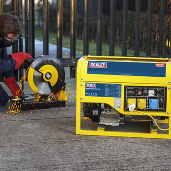man-using-chop-saw-running-via-Sealey-GG7500-Petrol-Generator