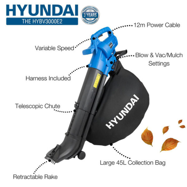 Hyundai HYBV3000E2 3000w 3-in-1 Leaf Blower, Vacuum and Shredder, 6-Speed, 45L Large Collection Bag 230V_006