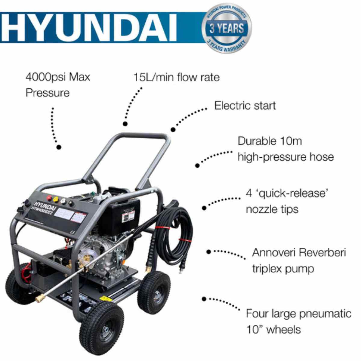 Hyundai HYW4000DE2 4000psi Diesel Pressure Washer | Generators Direct