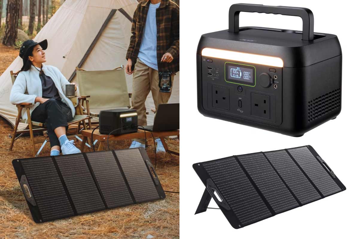 A couple camping with the Acer 600W Portable Power Station connected to a solar panel.