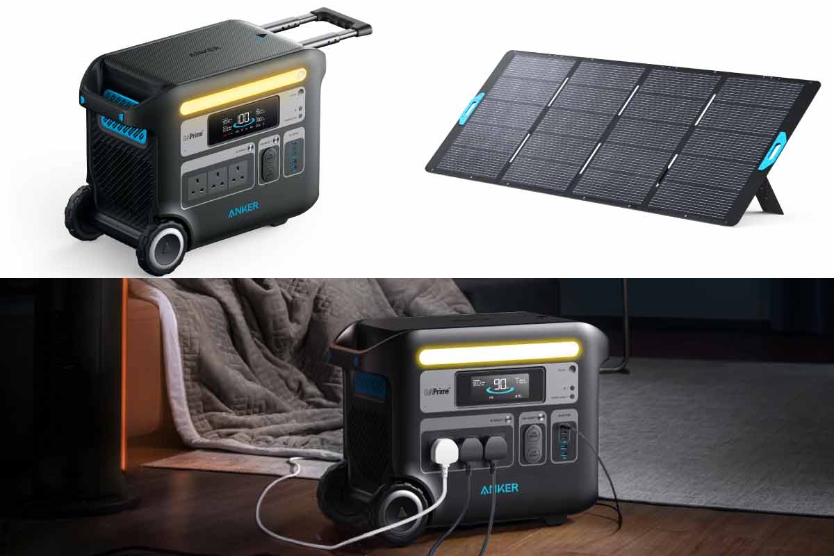 The Anker SOLIX F2000 Portable Power Station, its solar panel, and a view of it being used to power devices indoors.