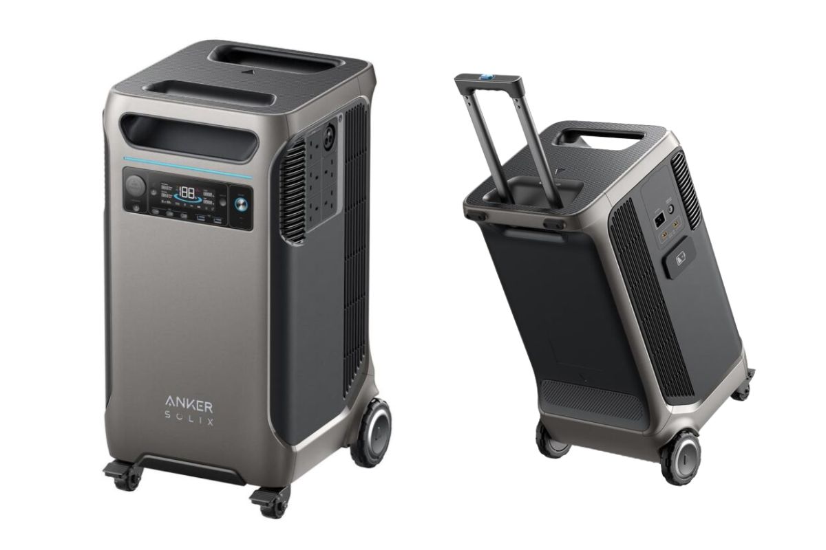 Close ups of the Anker Solix showing multiple charging ports and a pull-out handle with wheels.