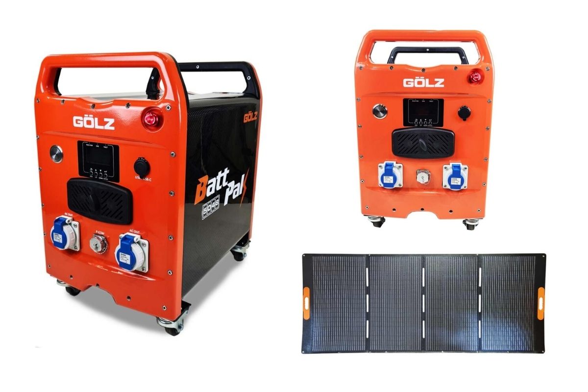 The orange GOLZ BattPak 5048 Mobile Power Supply and its matching solar panel.