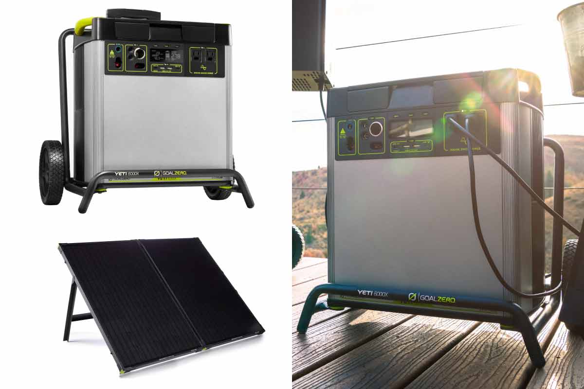 The Goal Zero Yeti 6000X Portable Power Station used on a deck outdoors and its matching solar panel.